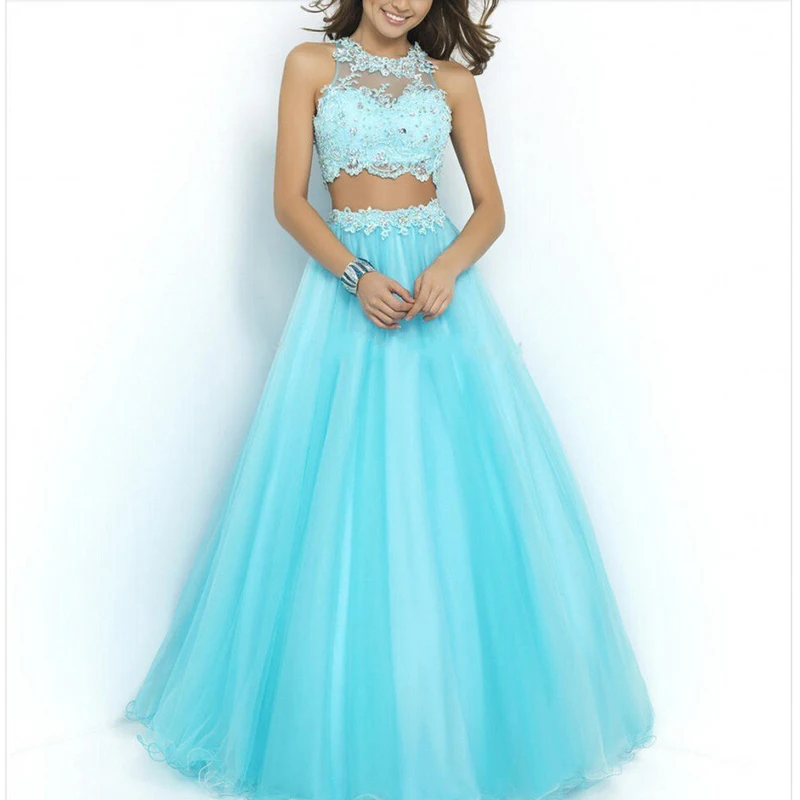 Robe de Rhdeux pièces en tulle, tenue de soirée princesse, longue dentelle, col licou, avec des appliques en cristal