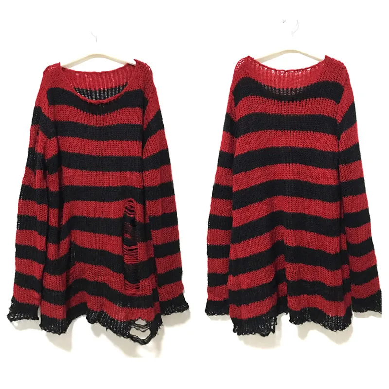 Nouveau Punk gothique Long unisexe pull été femmes rayé Cool évider trou cassé pull ample Rock mince foncé Streetwear haut