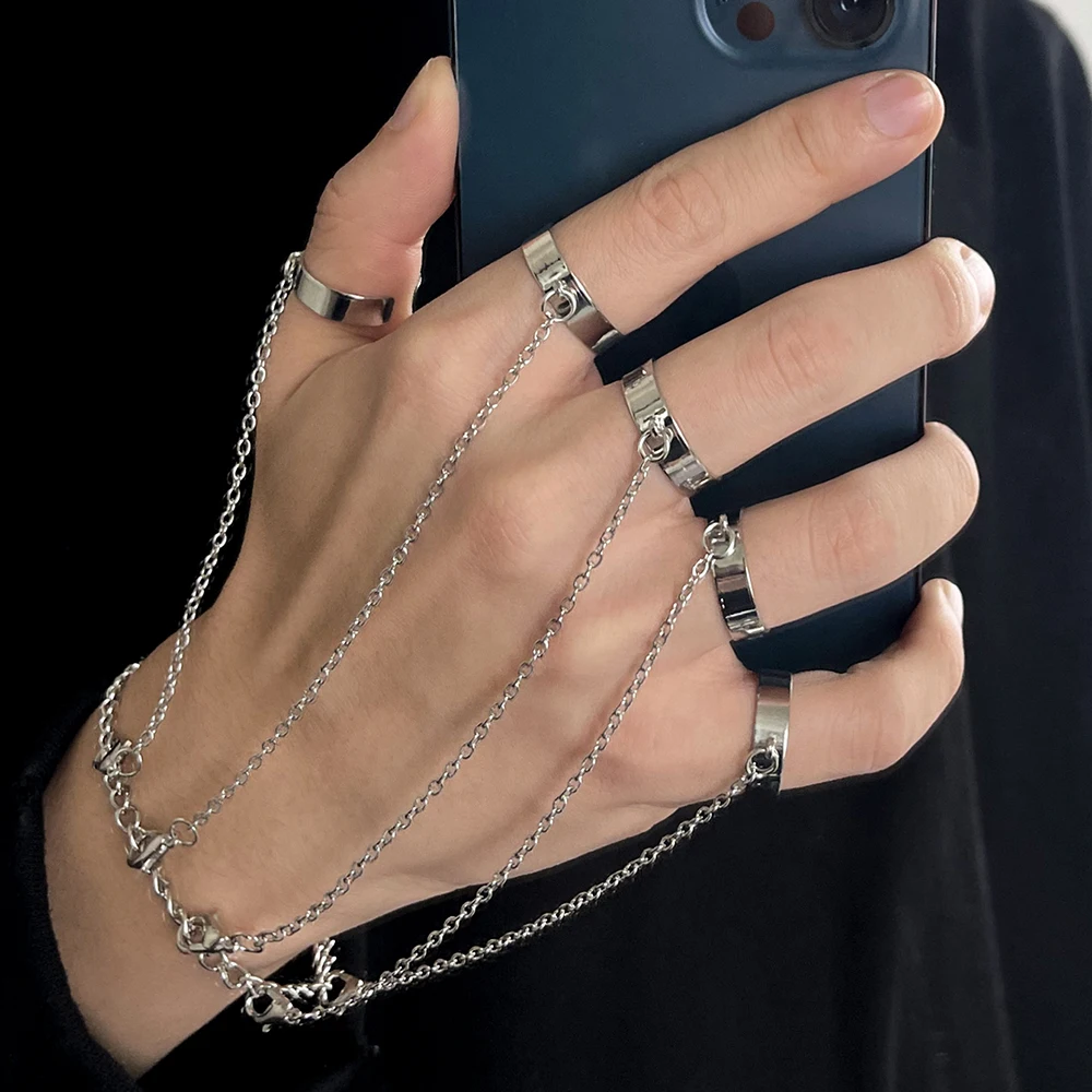 Bague et Bracelet Style Ins Hiphop Punk couleur argent, 1 pièce, Combo anneaux de mitaine connectés à cinq doigts pour femmes, usage quotidien ou fête