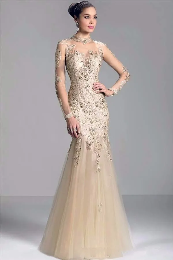 Robe de soirée de forme sirène, tenue de soirée dorée, manches longues, dentelle appliquée, tulle perlé, nouvelle collection 2024