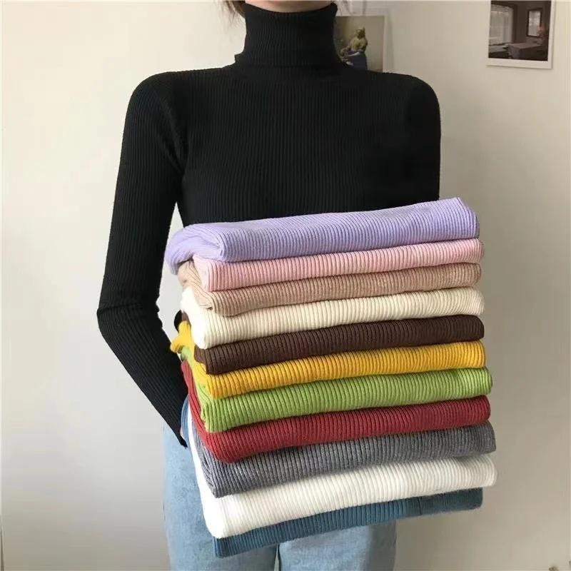 2025 Simple femmes pull à col roulé hiver mode pull élastique tricot dames pull décontracté solide noir femme Tops basiques