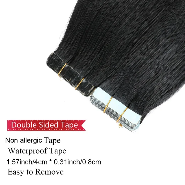 Extensions de cheveux humains Tape-in pour femmes, Extensions de cheveux invisibles, Noir de jais, Sans couture, #1, Paquet de 50g – Image 3