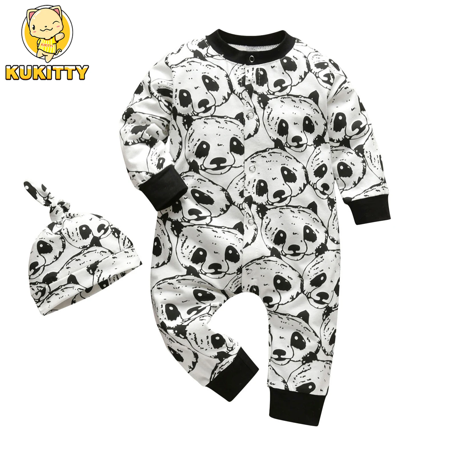 Kukitty nouveau-né bébé garçons Panda imprimé à manches longues barboteuses combinaison combishorts avec casquette enfant en bas âge infantile garçons vêtements de sport