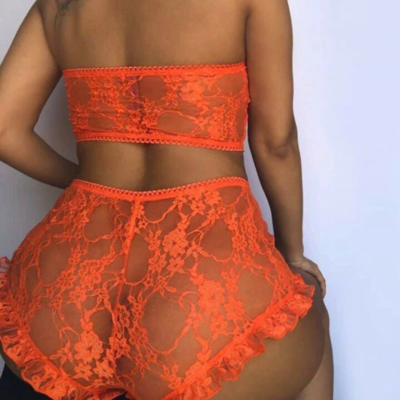 Lingerie sexy à volants en dentelle et tulle pour femmes, nuisette ajourée, ensemble de pyjamas