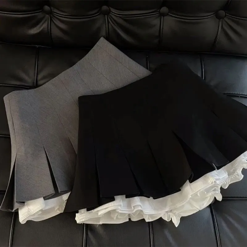 Mooyufon volants noir Mini jupe femmes coréen Patchwork jupes plissées japonais Kawaii taille haute tout Match une ligne jupe nouveau