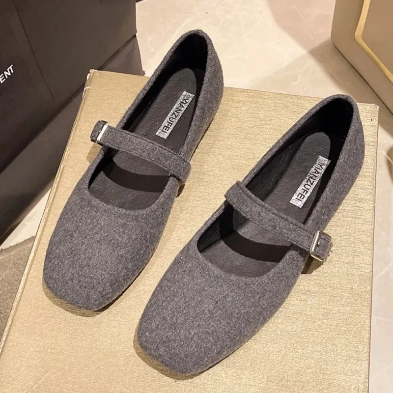 Chaussures Mary Janes en feutre pour femmes, ballerines à bout carré, nouvelle mode avec sangle à boucle, chaussures pour dames, printemps automne