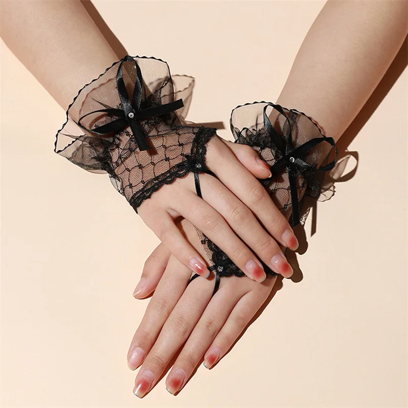 Gants Gothiques Courts Noirs en Dentelle pour Femme, Harajuku, Patients de Mariage, Robe Lolita d'Halloween, Nministériels d en Gaze, Manches à Main, Résille