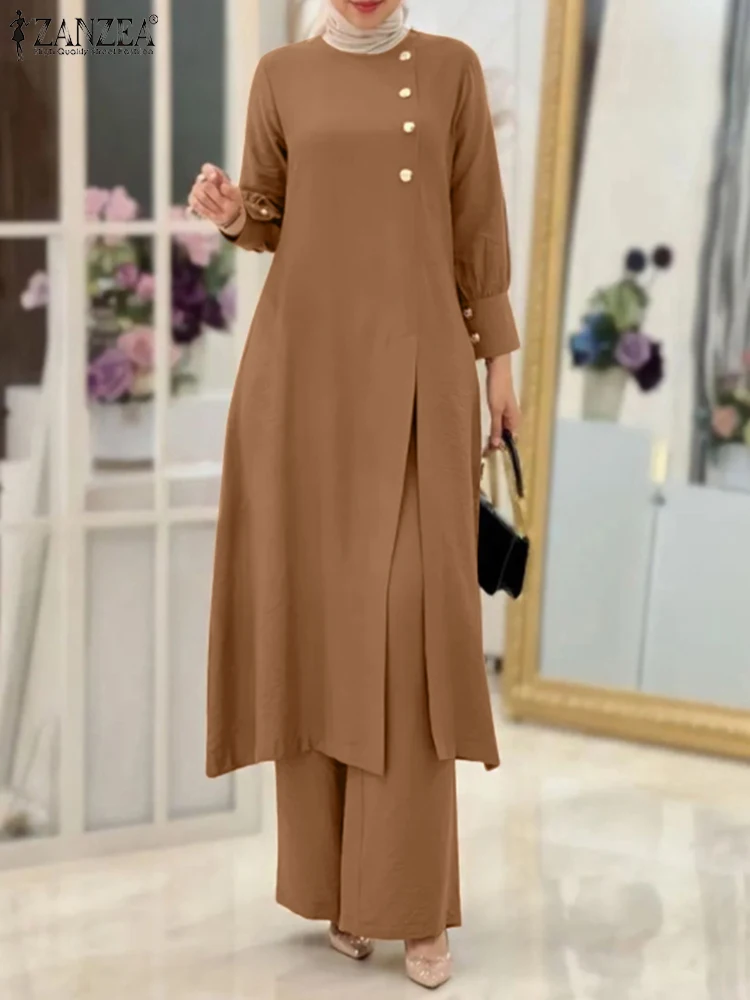 ZANZEA – costume Abaya musulman pour femmes, ensembles assortis élégants, chemise longue à la mode, hauts et pantalons à jambes larges, tenues du Ramadan, survêtements urbains
