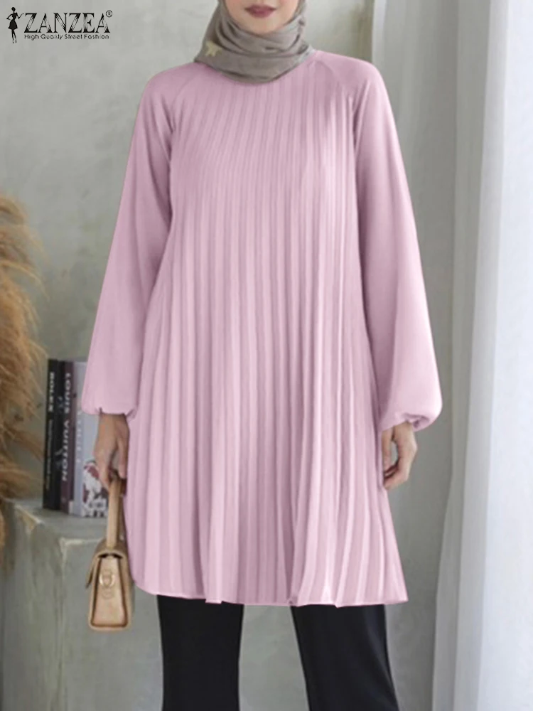 ZANZEA-Chemisier musulman à manches longues pour femmes, chemise plissée, chemise longue, Ramadan Abaya, Turquie, caftan, vêtements islamiques solides, automne, printemps