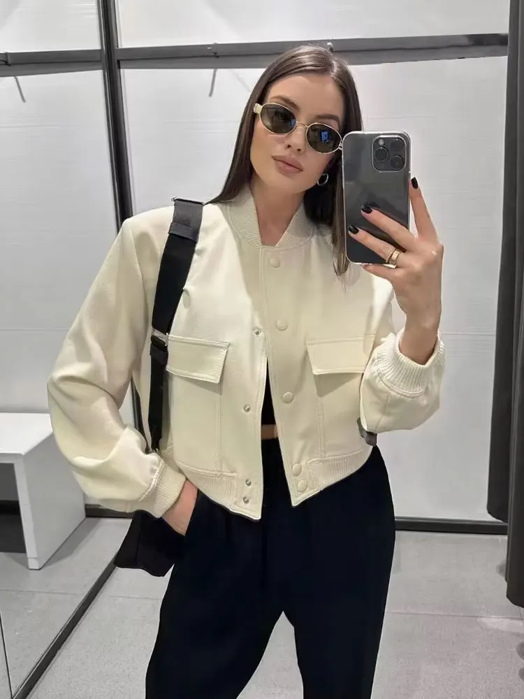 TRZA femmes mode avec poches Bomber veste manteaux Vintage à manches longues bouton avant décontracté vêtements de dessus pour femmes Chic hauts