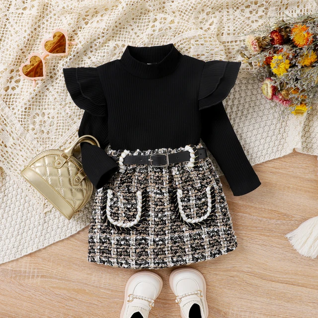 3 pièces automne bébé filles 0-5 ans doux et confortable noir Pit Strip haut à col haut + short à carreaux + ceinture costume de mode – Image 4