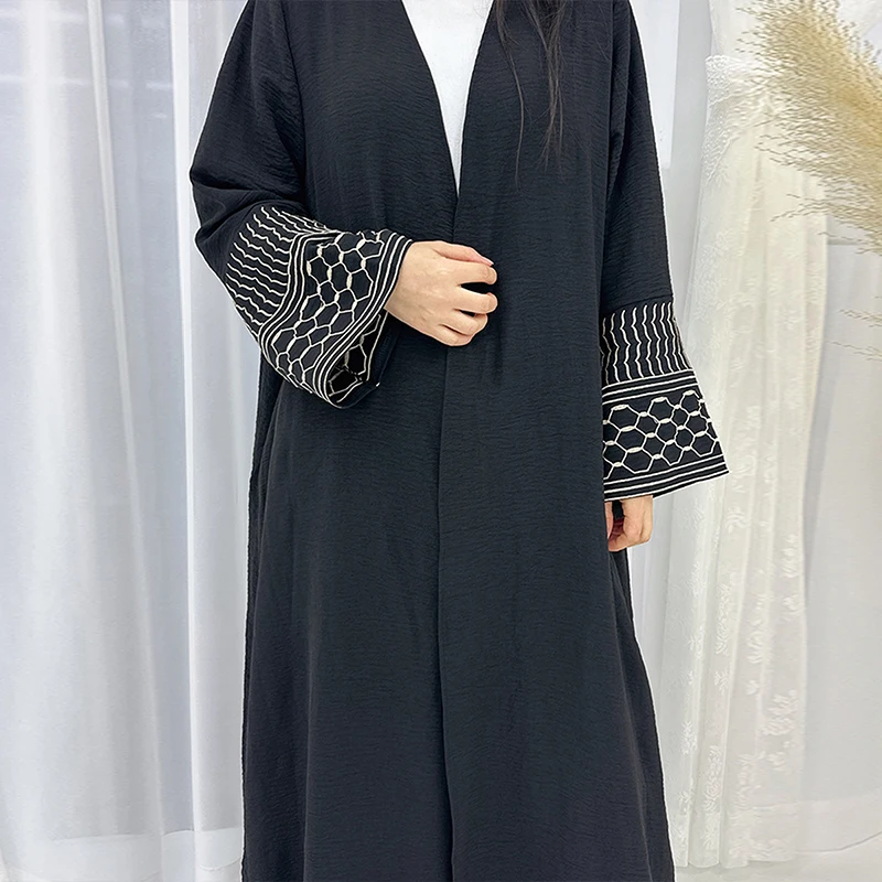 Abayas ouvertes unies pour femmes, Robe musulmane, Kaftan musulman, Kimono modeste, Broderie blanche et noire, Dubaï, Nouveau, 2024