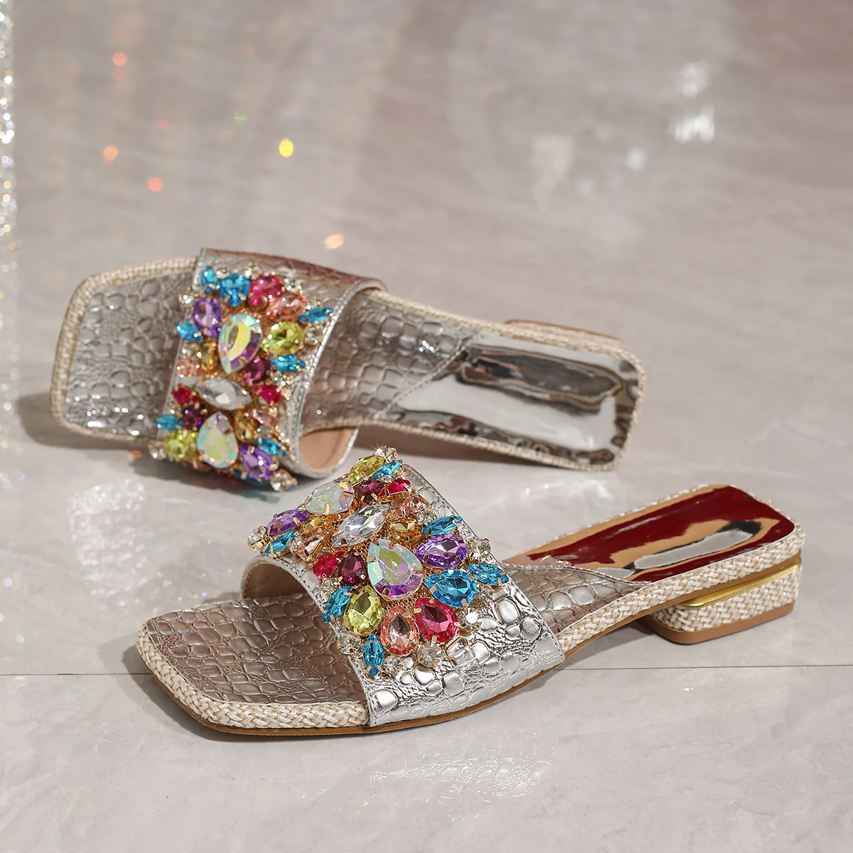 Sparkly PU Leather Mules: Square toe, colorful rhinestones, non - slip sole, comfy low - heel for trendy summer look.