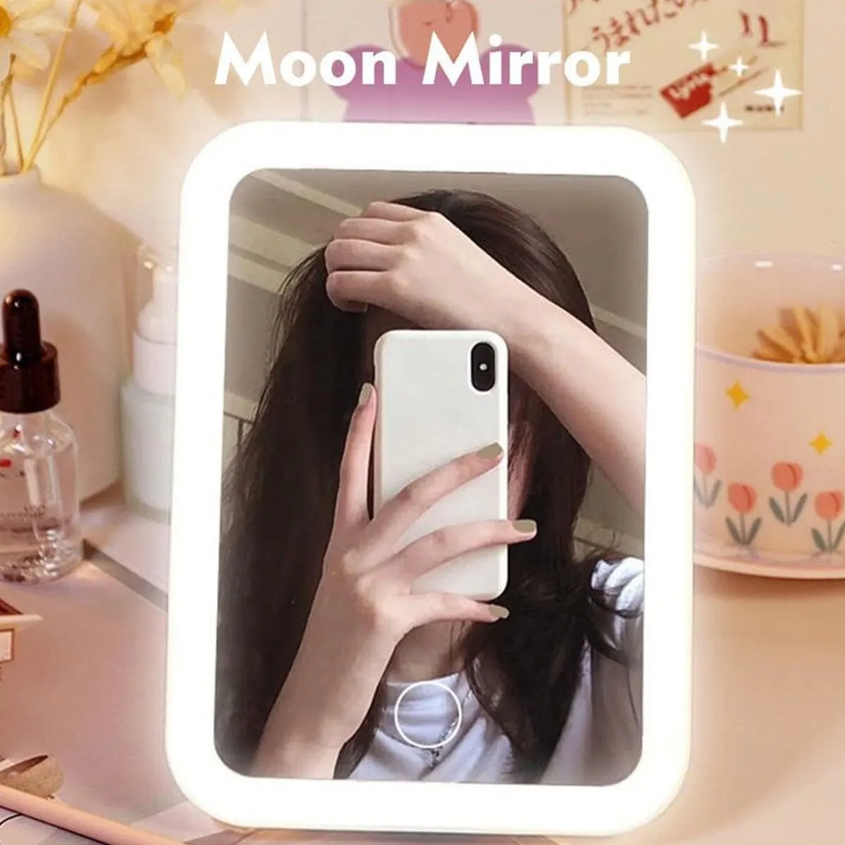 Miroir de maquillage portable avec lumière LED, écran tactile, miroir de courtoisie pliable debout, réglable, blanc, rose, dortoir domestique