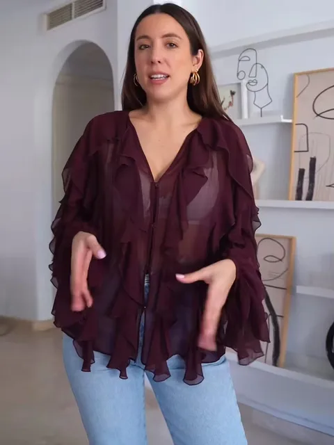TFMLN – chemisiers translucides à volants pour femmes, nouvelle mode, col en v, simple boutonnage, hauts décontractés à plusieurs niveaux, Style plage, chemise solide, 2025 – Image 2