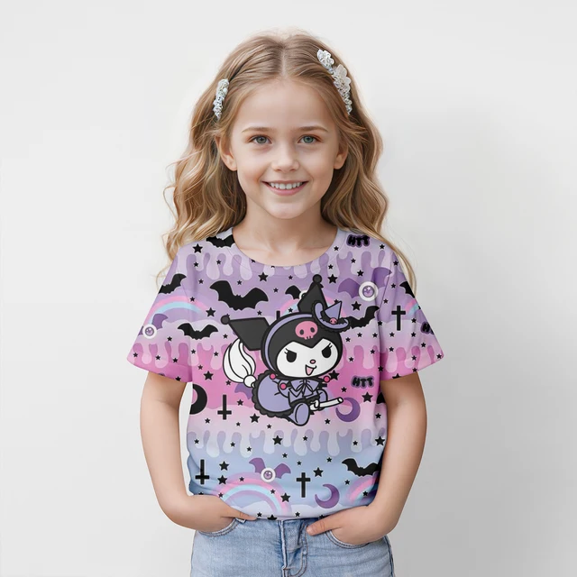 MINISO nouveau T-shirt d'été pour enfants Kuromi 3D imprimé fille mode dessin animé haut mignon fête garçons à la mode à manches courtes coupe ample – Image 3