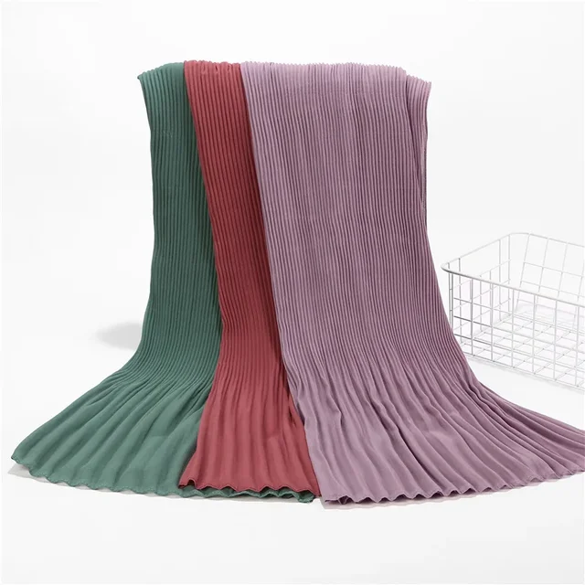 Foulard en mousseline de soie perlé 180x85cm, couleur unie, rayé plissé, couvre-chef pour femmes et filles, Hijab musulman, enveloppe de tête, châles de voyage unis – Image 3