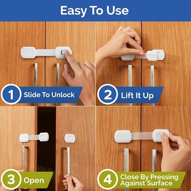 10 serrures à sangle de sécurité pour enfants, serrures pour bébés pour armoires et tiroirs, toilettes, réfrigérateur et plus encore. Tampons adhésifs. Aucune installation requise – Image 2
