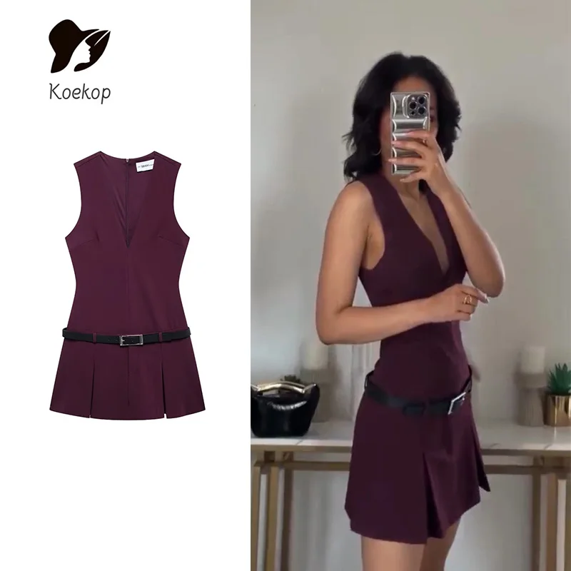 Koekop femmes mode couleur unie ceinture décoration robe courte col en V Vintage sans manches femmes Chic dame robes