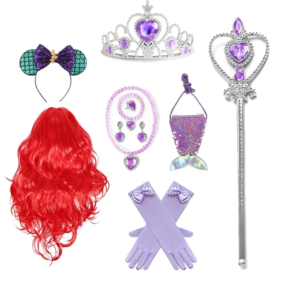 Ariel princesse accessoires gants baguette couronne ensemble de bijoux sirène perruque collier tresse pour robe de princesse vêtements Cosplay habiller