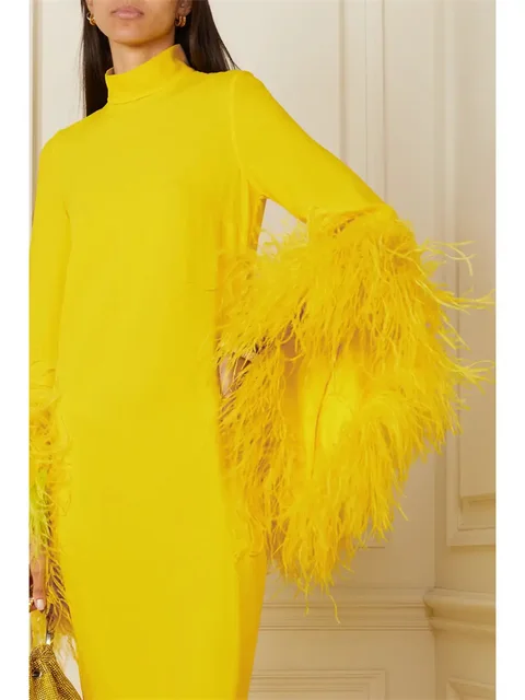 Robe de Bal Ronde avec Garniture de Plumes, Gaine en Crêpe, Fermeture Éclair au Dos, Fente Haute, Longueur de Rinçage, Nouvelle Collection 2024 – Image 3