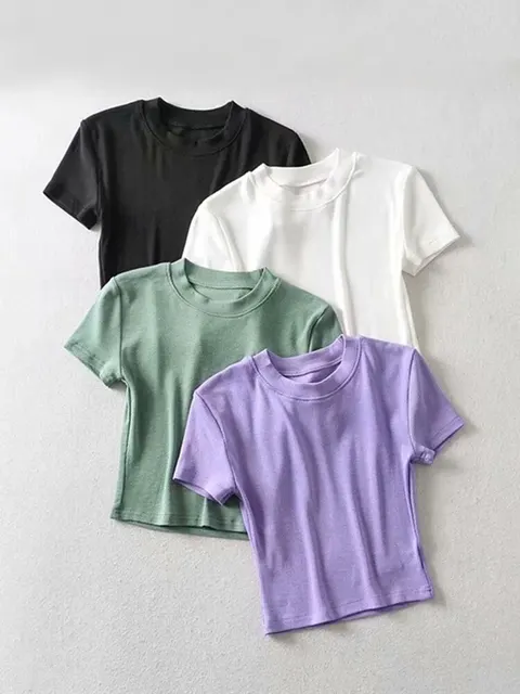 Femmes Manches Courtes Crop Top Solide Slim Fit Crew Neck Tee de Base Skinny Côtelé Serré Athletic Casual Workout Yoga Tshirt – Image 5