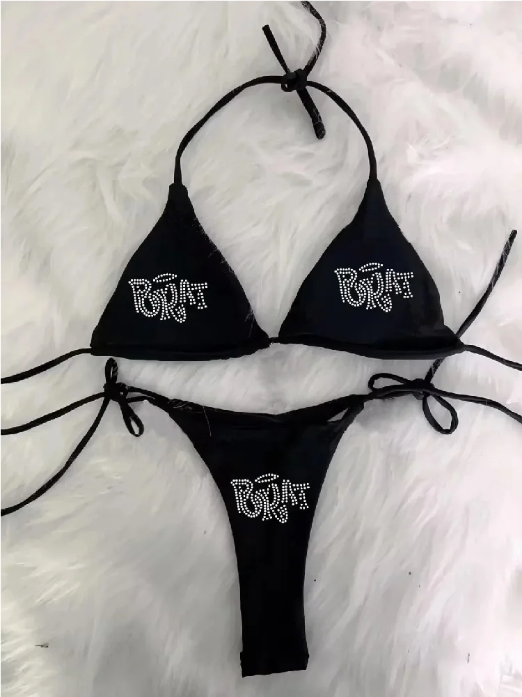 2000s femme Punk nouveau maillot de plage vêtements gothiques BRAT strass impression Grunge maillot de bain Bikini Y2K maillots de bain à lacets ﻿