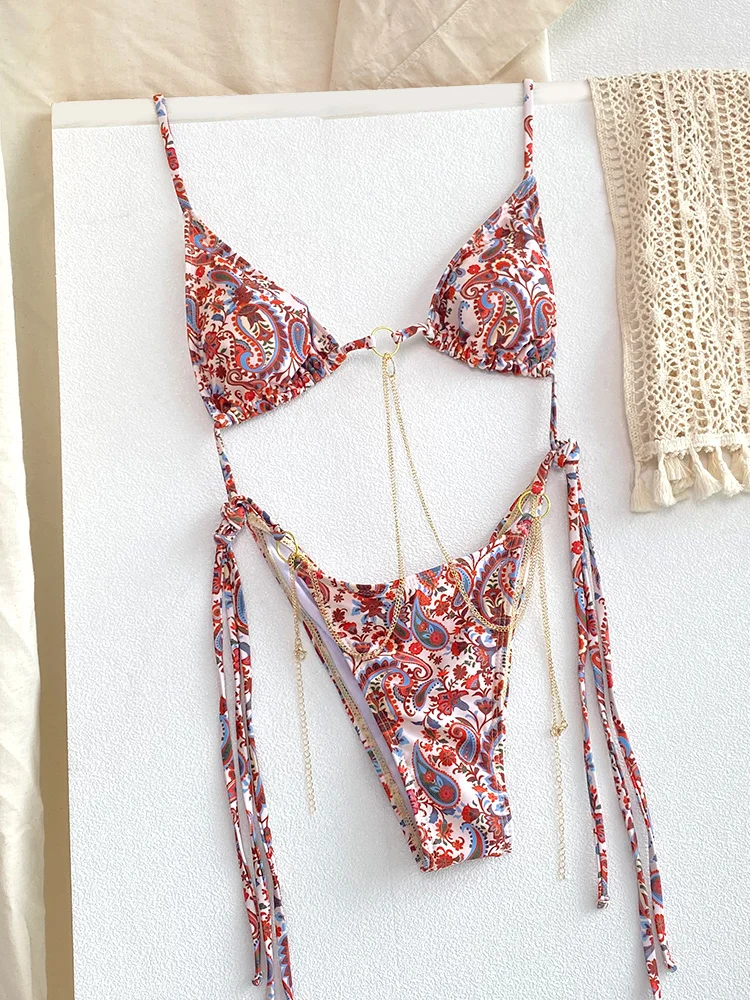 Sexy Triangle chaînes Bikini ensembles Micro tongs maillot de bain femmes maillot de bain Biquini pansements de plage maillot de bain imprimé string Bikini