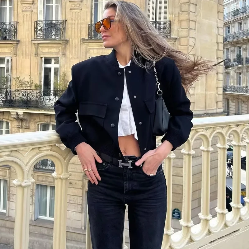 TRAF femme Bomber veste manteau blanc automne hiver bouton Baseball aviateur recadrée vestes pour femmes à manches longues vêtements d'extérieur courts