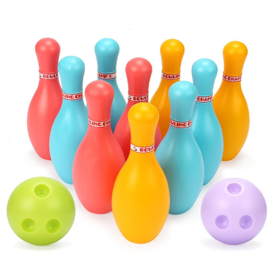 1Set Indoor Bowling Game 10pcs 11.5cm Sticks with 2pcs 6cm Ball Funny Floor Ball Games Party Interactive Sports Games