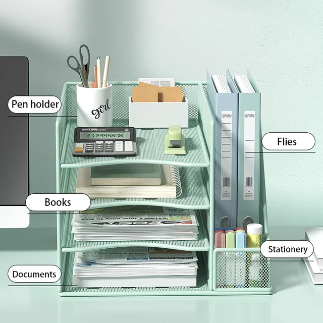 Office desktop file rack metal bookstand Multi-function integrated storage rack Office supplies folder storage box Multi-layer – Image 2