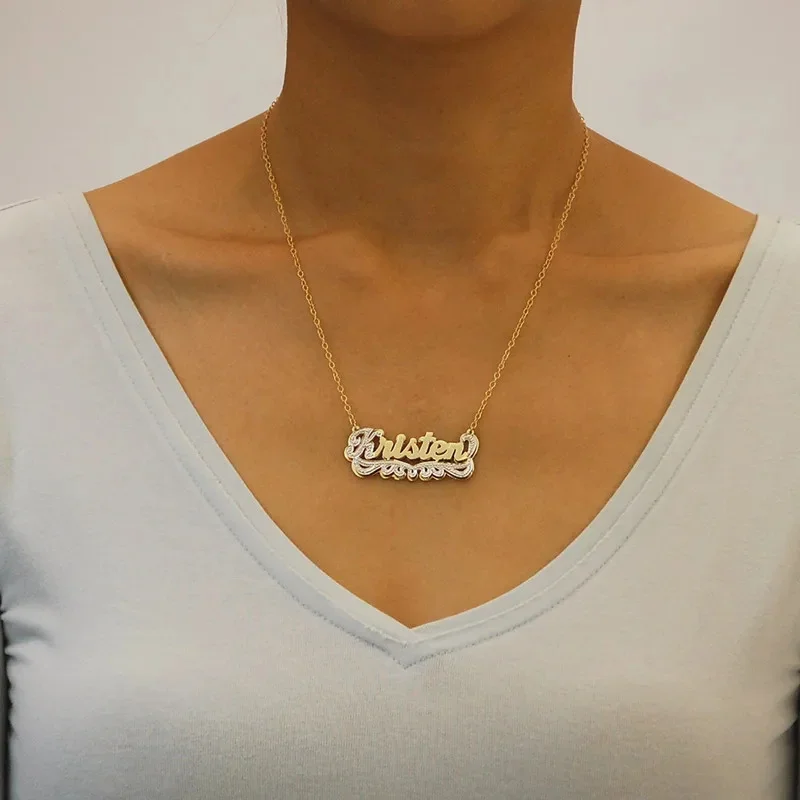 Collier Personnalisé avec Nom en Acier Inoxydable, Pendentif Double Étoile, Plaque Nominative, Galvanisé