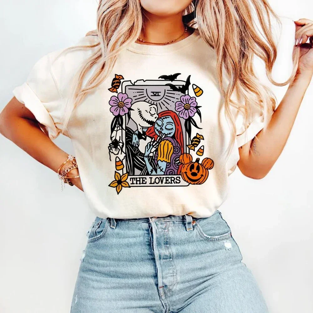 T-shirt de marque de tarot amusant et polyvalent, motif imprimé d'Halloween, haut basique, col rond, style décontracté, dessin animé imprimé, mode