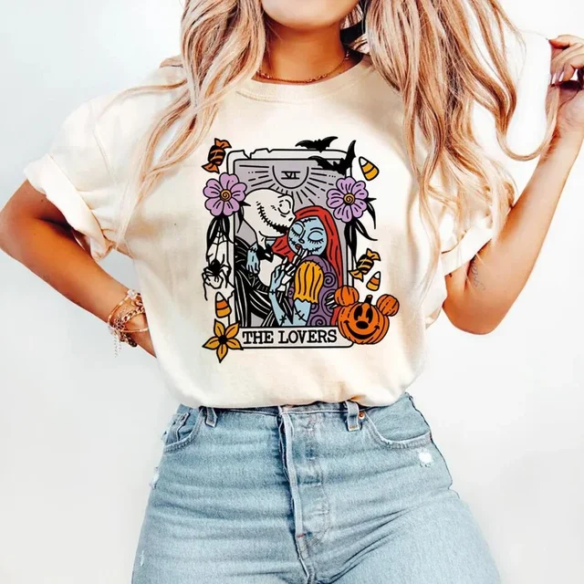 T-shirt de marque de tarot amusant et polyvalent, motif imprimé d'Halloween, haut basique, col rond, style décontracté, dessin animé imprimé, mode