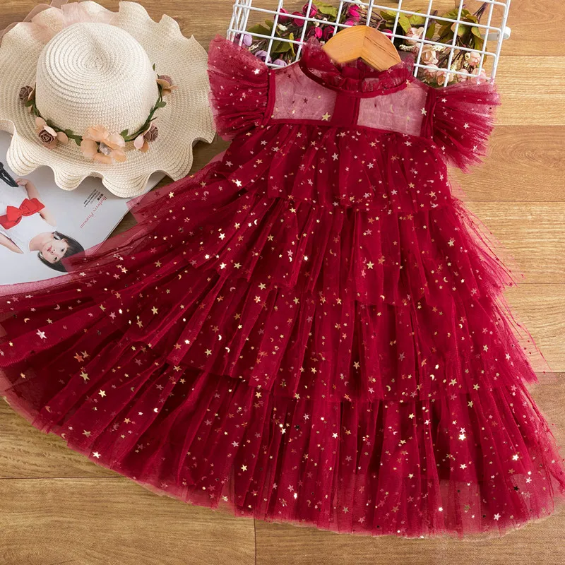 Robe d'été pour filles, tenue de princesse étoile à paillettes, en maille, gâteau, rouge, vêtements de fête de noël et d'anniversaire, nouvelle collection 2024
