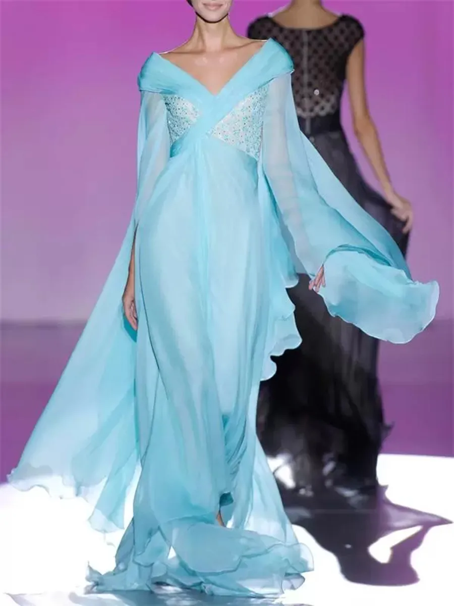 Robe de Soirée Longue en Mousseline de Soie Bleu Ciel Clair, Col en V, Plissée, Dentelle, Applique Perlée, Sirène, Élégante, Bal