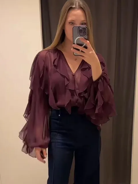 TFMLN – chemisiers translucides à volants pour femmes, nouvelle mode, col en v, simple boutonnage, hauts décontractés à plusieurs niveaux, Style plage, chemise solide, 2025 – Image 3