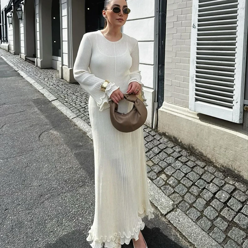 Robe longue plissée à volants pour femmes, ample, mode automne hiver, col rond, évasée, robes de soirée élégantes, tenues Streetwear féminines