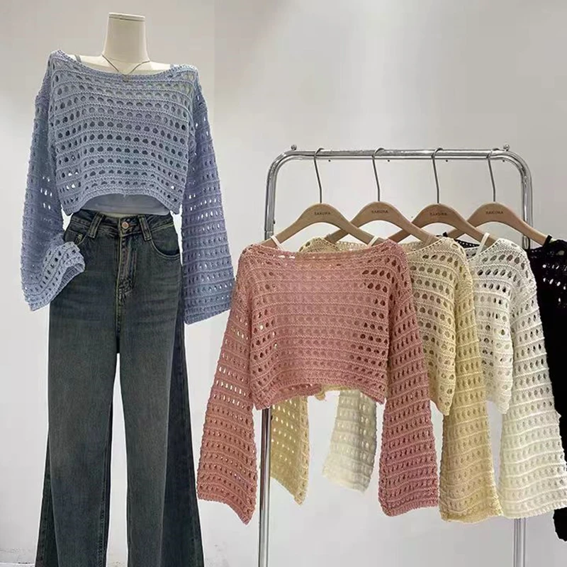 Haut en tricot au Crochet à manches longues pour femmes, Cover-Up pour Bikini de plage, pull court en laine, chemisier de vacances, tenue Boho, été