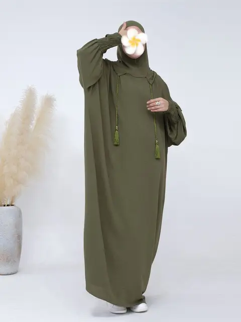 Jilbab-Abaya Hijab à Capuche pour Femme, Couleur Unie, Décontracté, Manches Chauve-Souris, Pompon, Prière Musulmane Saoudite, Kaftan, Robes Finbâton – Image 2
