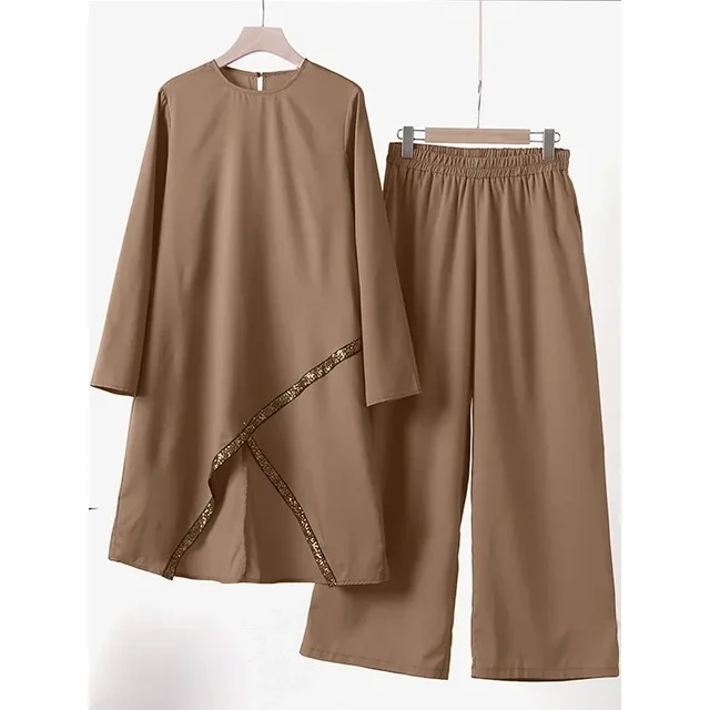 Chemise à manches longues et col rond pour femmes musulmanes, bas à cloche, vêtements islamiques décontractés à la mode, printemps et automne, ensemble 2 pièces – Image 5