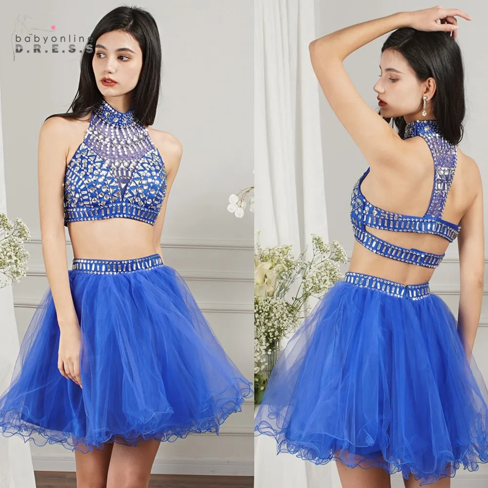 Mini robe de cocktail bleu royal deux pièces pour filles, tenue de soirée, zones noires, perles de cristal, remise des diplômes, 123