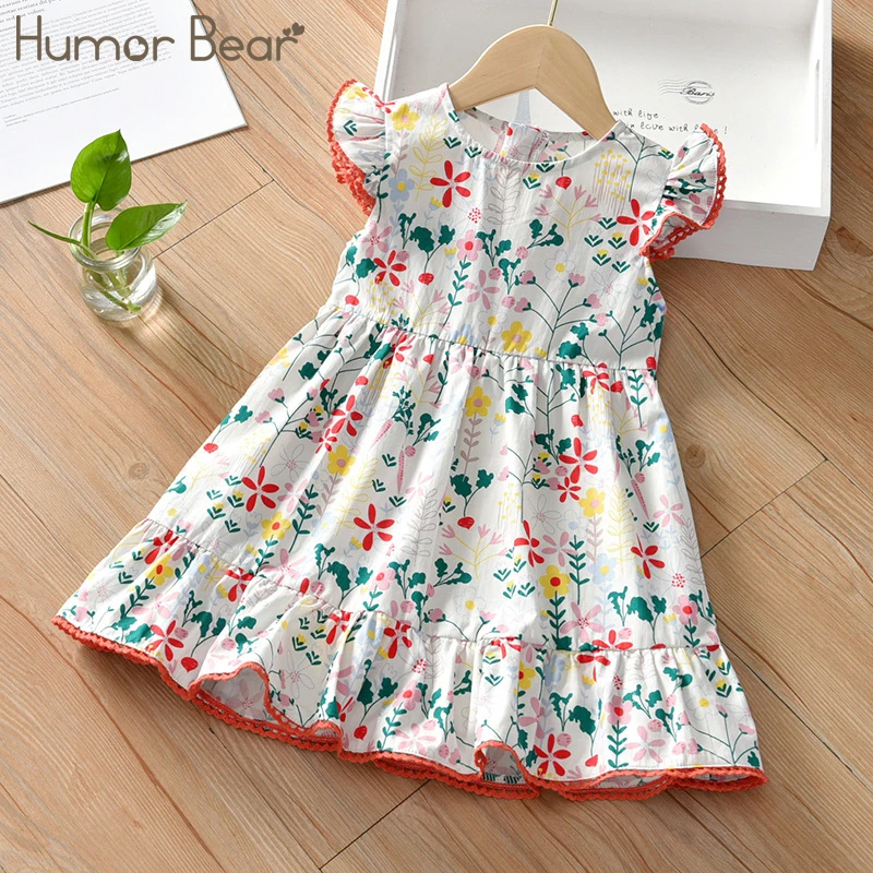 Robe d'été pour filles, ours humoristique, manches volantes, robes de princesse pour enfants, vêtements en coton, robe flottante