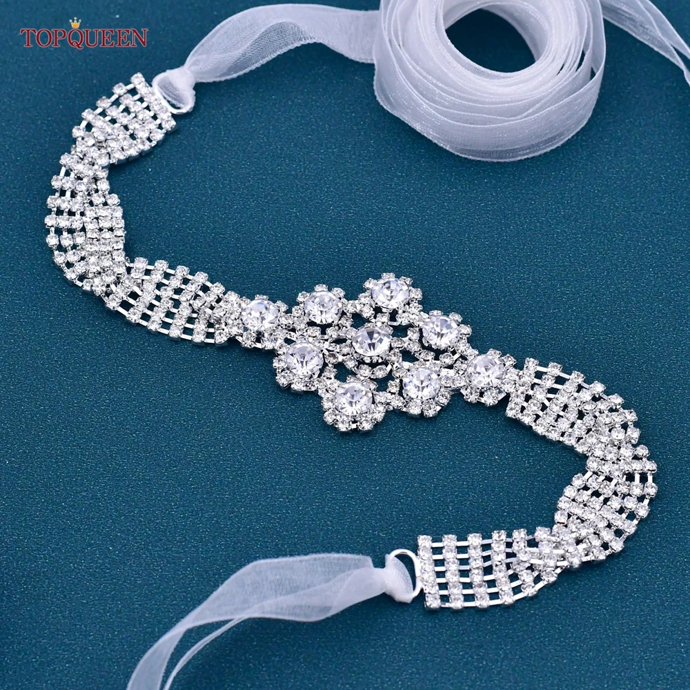 TOPQUEEN – ceinture de mariée argentée scintillante pour robe de soirée, longue ceinture avec strass, pour mariage, S98P