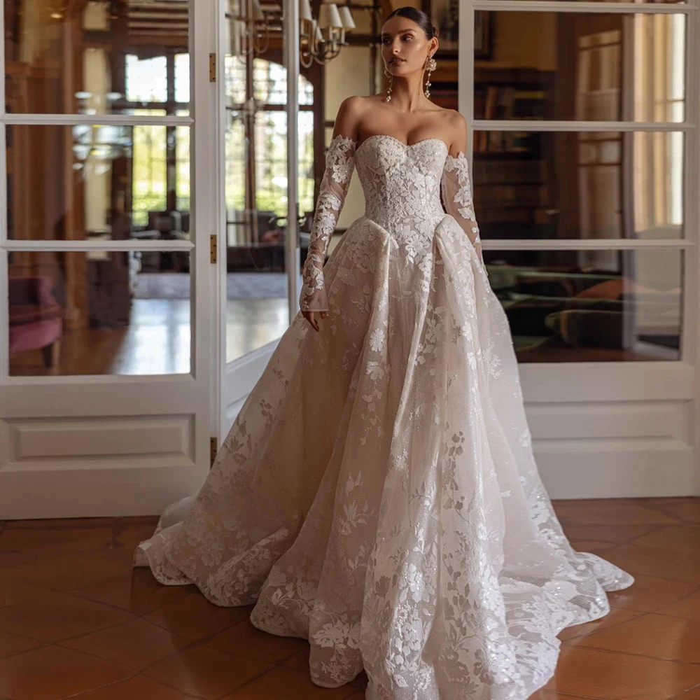 Robe de mariée trapèze Sexy, avec des Appliques en dentelle, sans bretelles, manches longues, personnalisée, princesse, robes de mariée de haute qualité, 2024