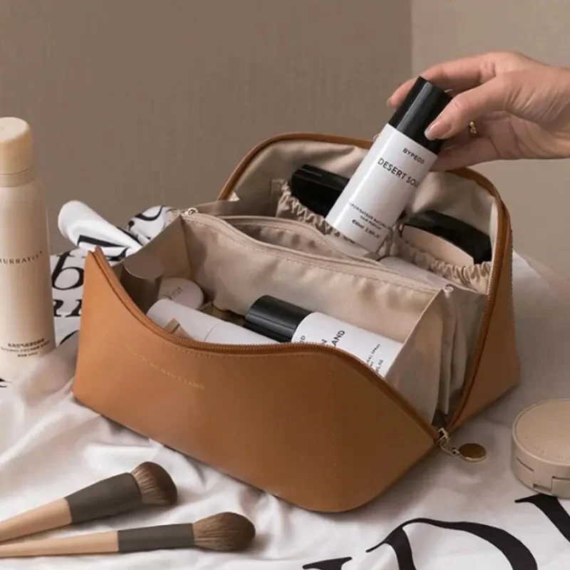 Sacs à cosmétiques de voyage portables en cuir PU, grande capacité, pochette de maquillage pour femmes, sac de lavage multifonction étanche pour salle de bain