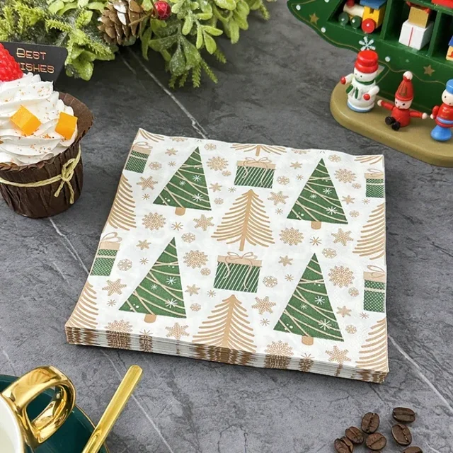 Serviettes colorées pour fête de noël, 20 pièces/pac, papier de soie imprimé arbre de noël, décoration Festive, tissu buccal, 33x33cm – Image 4