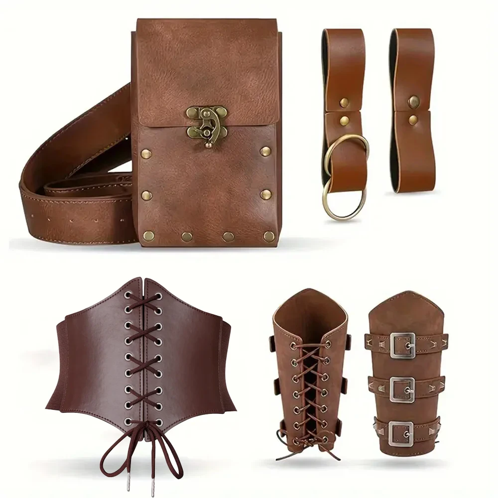 Medieval Knight Cosplay Fantasy Double Layer Wide Faux Leather Belt Pouch Viking Renaissance Pirate Disguise Costume Accessories