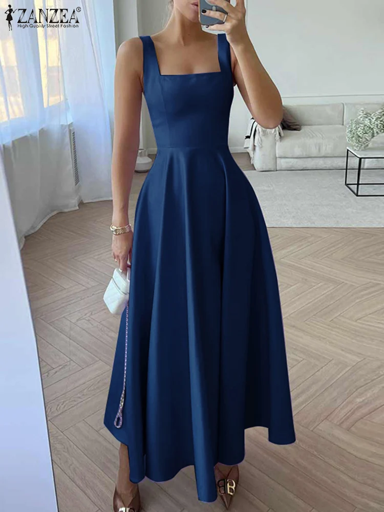 ZANZEA Sexy sangle débardeur robes femmes mode col carré Maxi Robe d'été Vintage Satin taille Robe été vacances Robe de fête