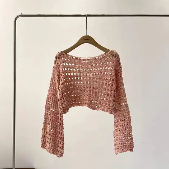 Haut en tricot au Crochet à manches longues pour femmes, Cover-Up pour Bikini de plage, pull court en laine, chemisier de vacances, tenue Boho, été – Image 4